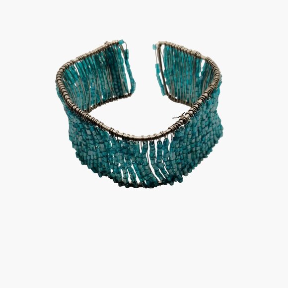 Beaded Cuff Bracelet Handcrafted Wire Wrapped Turquoise Adjustable Open Boho - Picture 1 of 6